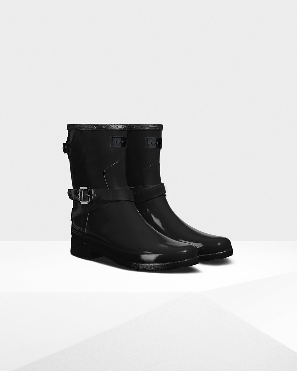 Womens Hunter Short Rain Boots Black - Refined Slim Fit Adjustable Gloss - 4389671-JS